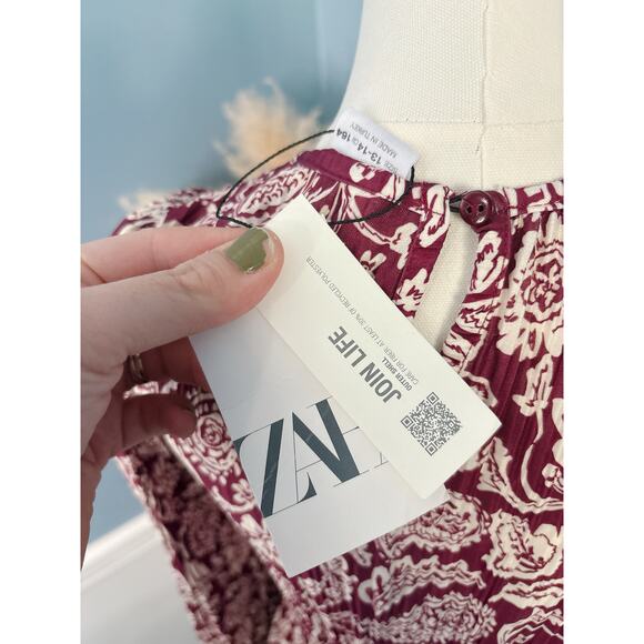 Zara Paisley Midi Dress Girls 13/14 Burgundy Long Sleeve Pleated - Picture 7 of 7